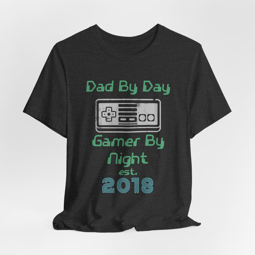 Personalized Dad By Day Gamer By Night T-Shirt — Established 2018 Retro Controller Tee