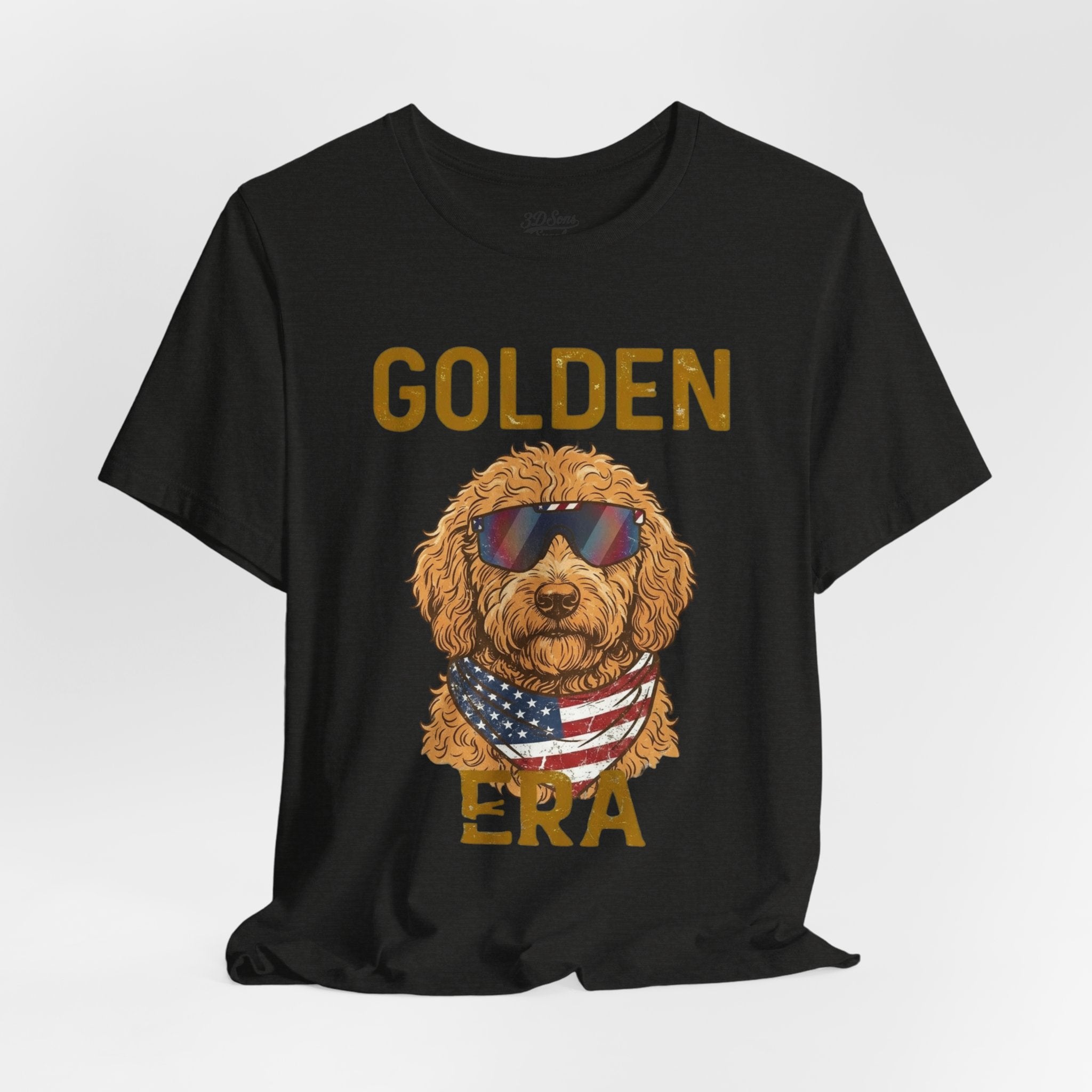 Golden Era Dog T-Shirt – American Flag Doodle with Sunglasses