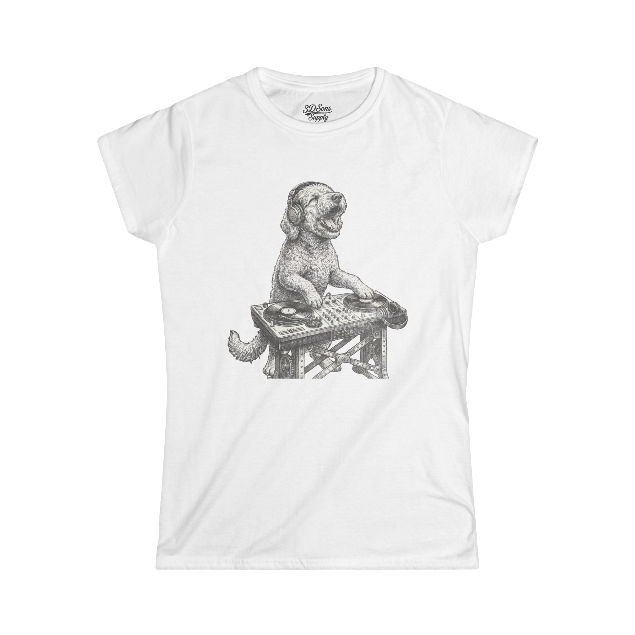 DJ Doodle Dog Women's Tee — Cute Turntable Graphic