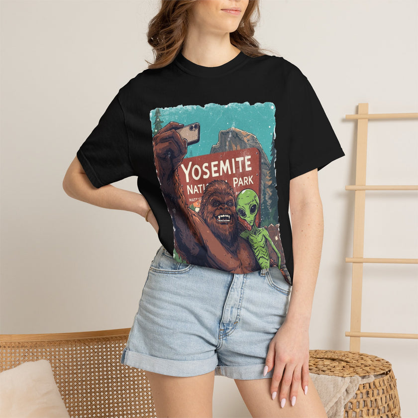 Alien & Bigfoot Yosemite T-Shirt — Camping Adventure Graphic Tee