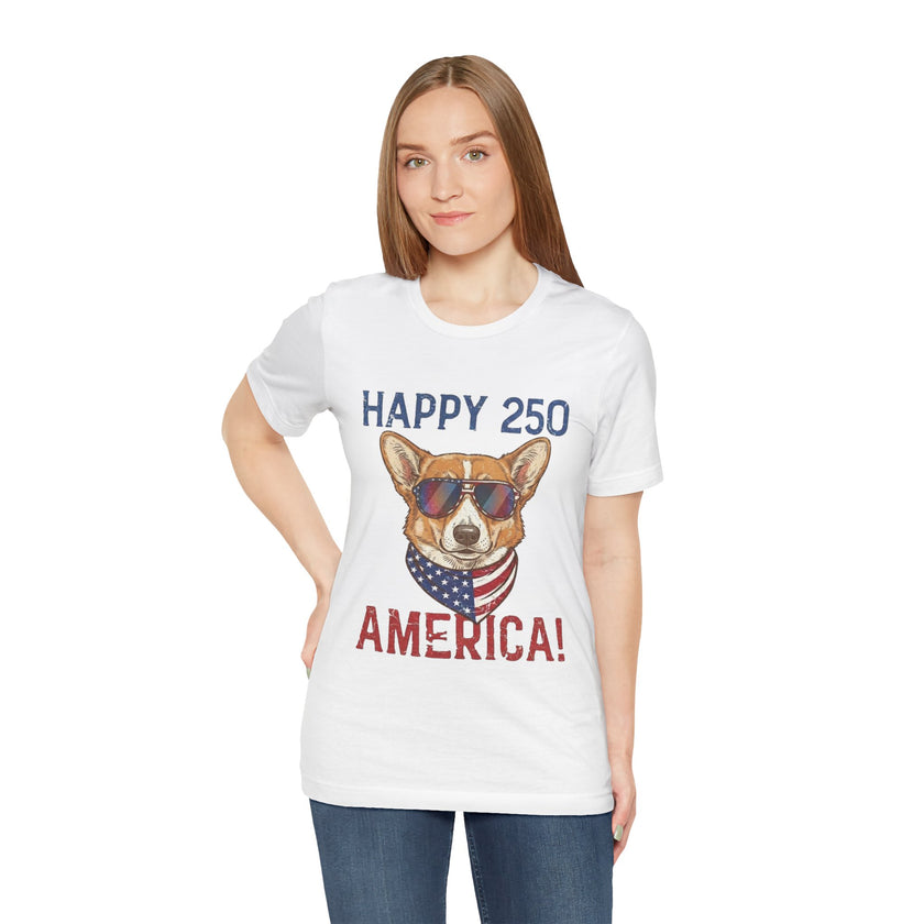 Happy 250 America! Corgi Sunglasses Patriotic Tee