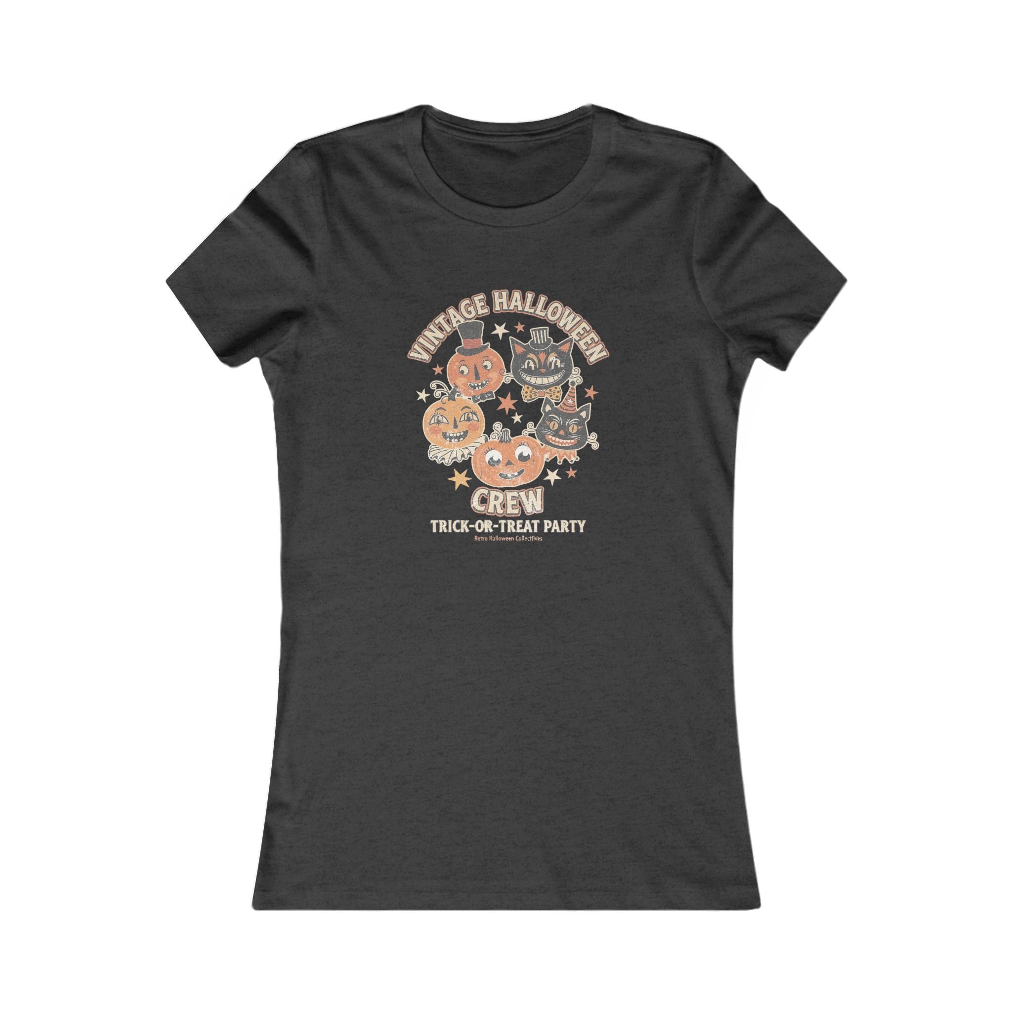 Women's Vintage Halloween Tee - 'Vintage Halloween Crew' Cute Pumpkin & Cat Graphic