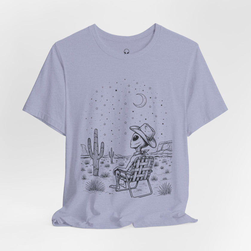 Alien Cowboy Sitting in Desert Tee | Night Sky Lawn Chair