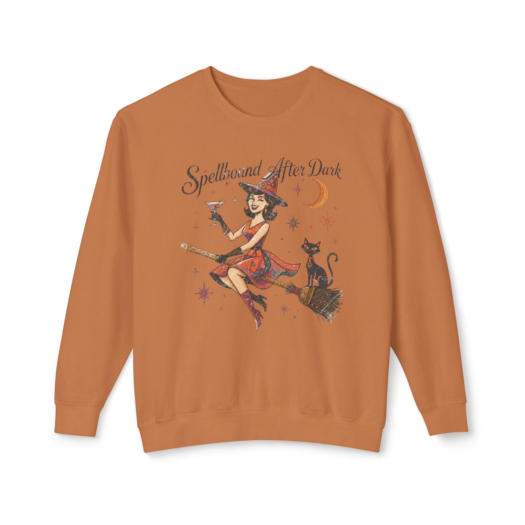 Spellbound After Dark Witch on Broom Sweatshirt | Halloween Cat Moon