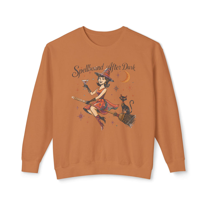 Spellbound After Dark Witch on Broom Sweatshirt | Halloween Cat Moon
