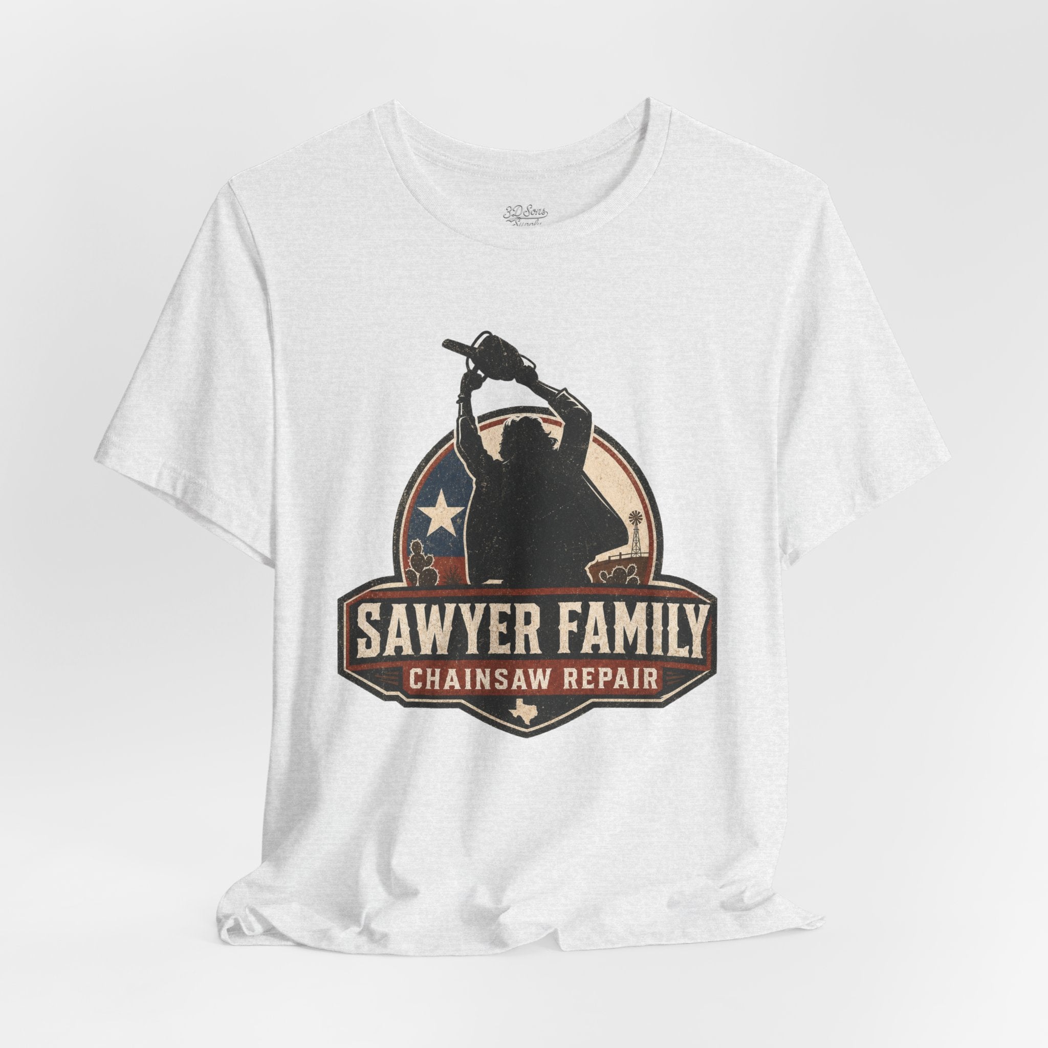 Sawyer Family Chainsaw Repair Graphic Tee — Vintage Horror Movie Logo T-Shirt