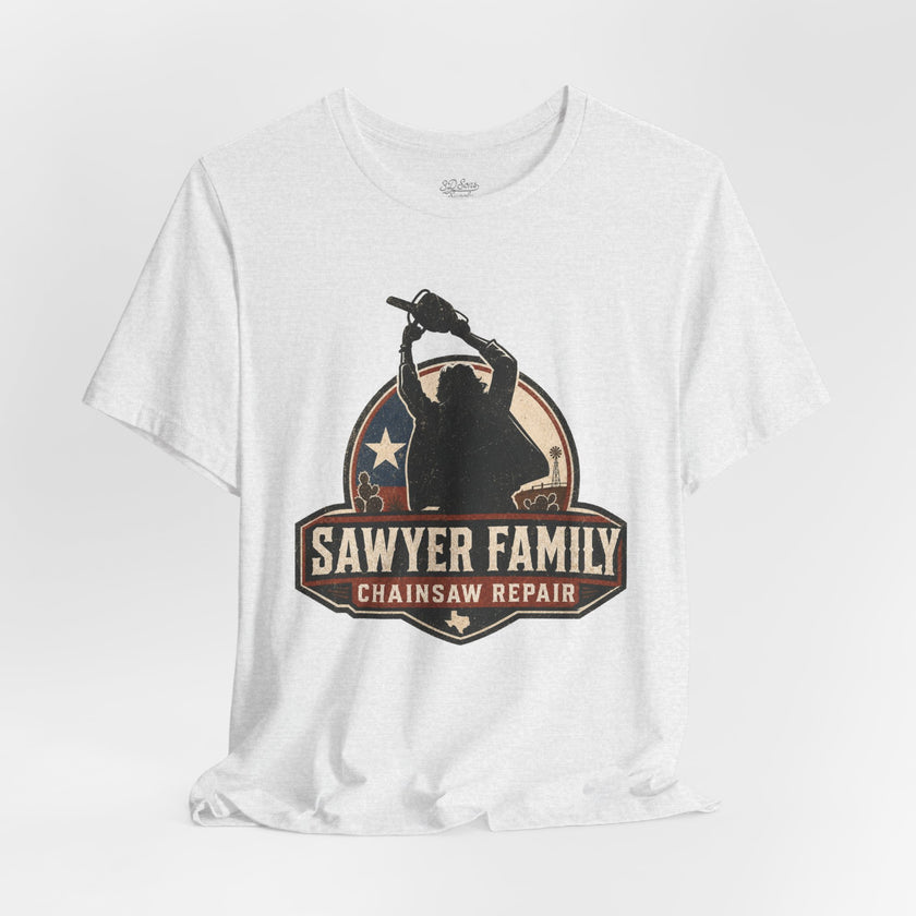 Sawyer Family Chainsaw Repair Graphic Tee — Vintage Horror Movie Logo T-Shirt