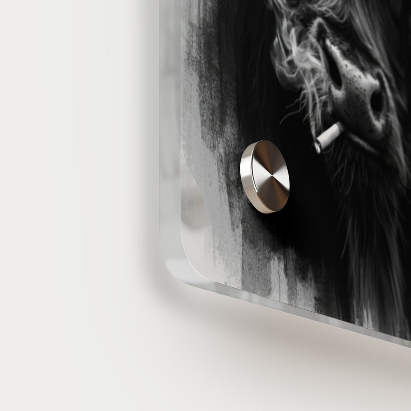 Smoking Highland Cow Acrylic Wall Art Panel | Black White Highland Bull Print