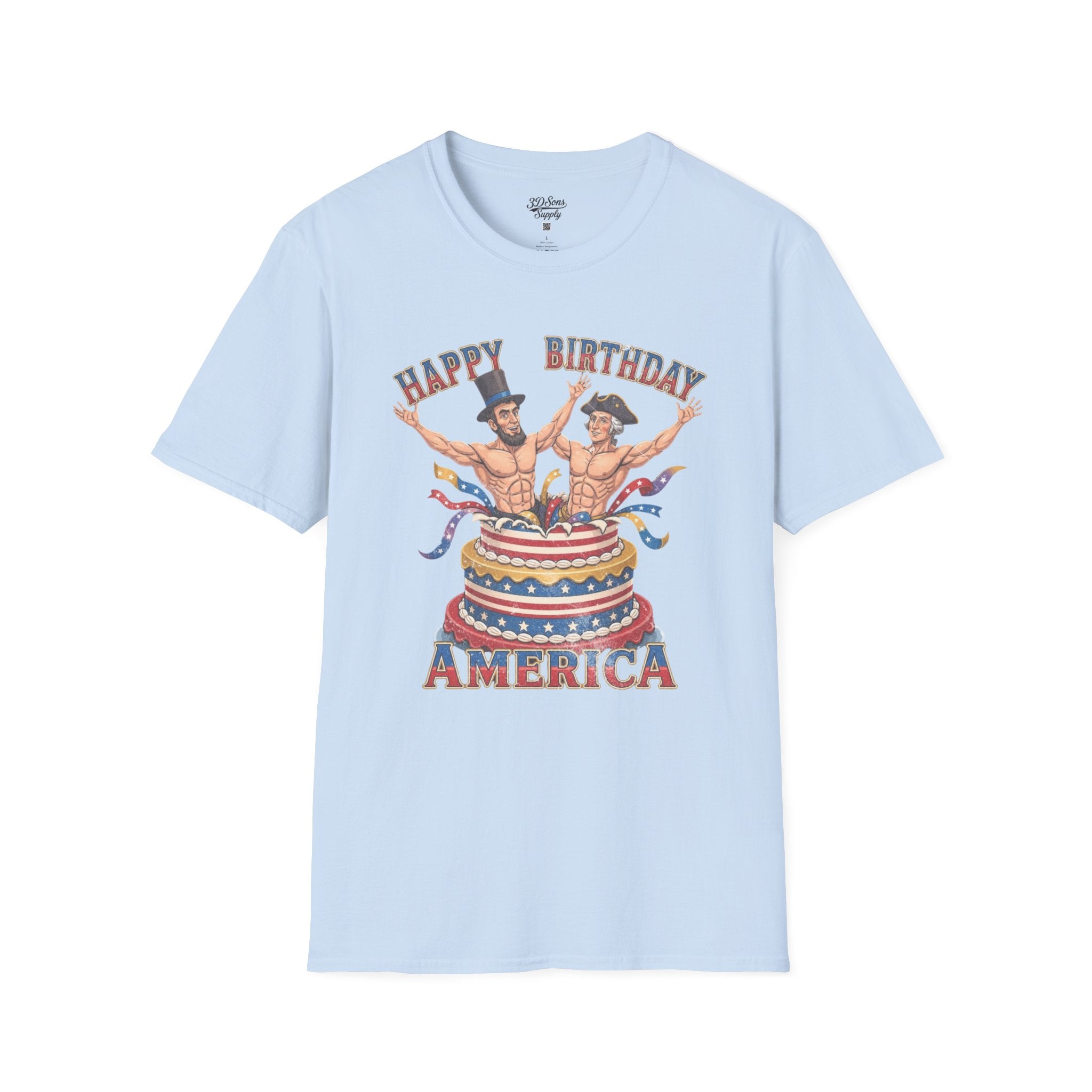 Buff Abraham Lincoln and George Washington Jumping Out of Birthday Cake T-Shirt | 4th of July Patriotic