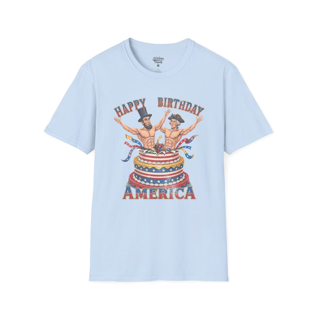 Buff Abraham Lincoln and George Washington Jumping Out of Birthday Cake T-Shirt | 4th of July Patriotic