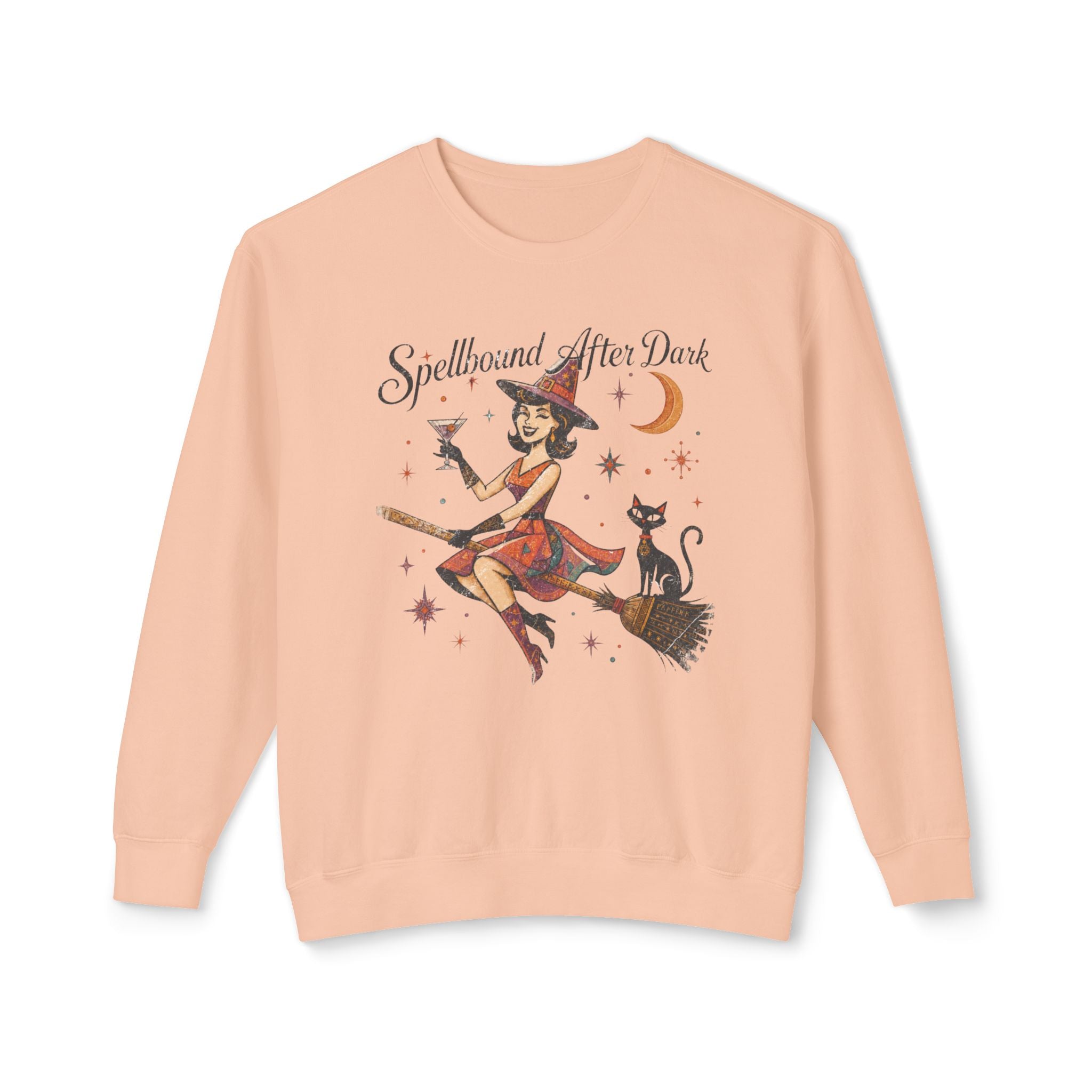 Spellbound After Dark Witch on Broom Sweatshirt | Halloween Cat Moon