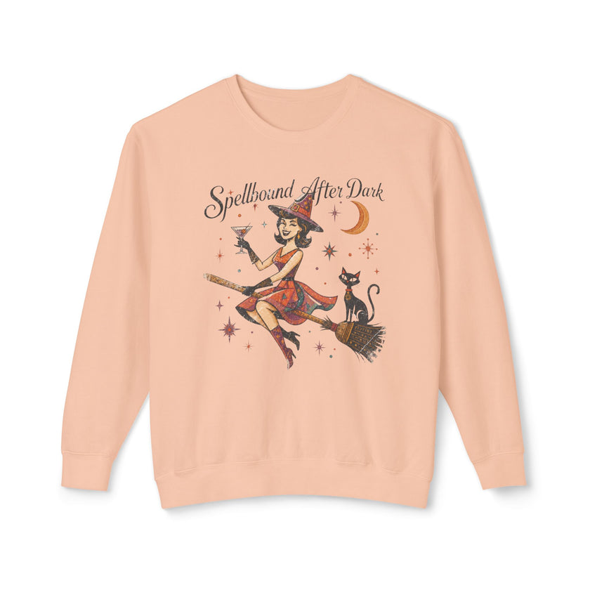 Spellbound After Dark Witch on Broom Sweatshirt | Halloween Cat Moon