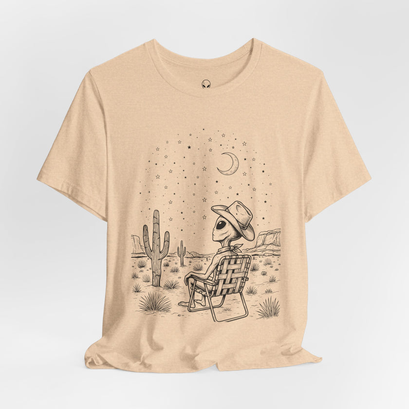 Alien Cowboy Sitting in Desert Tee | Night Sky Lawn Chair