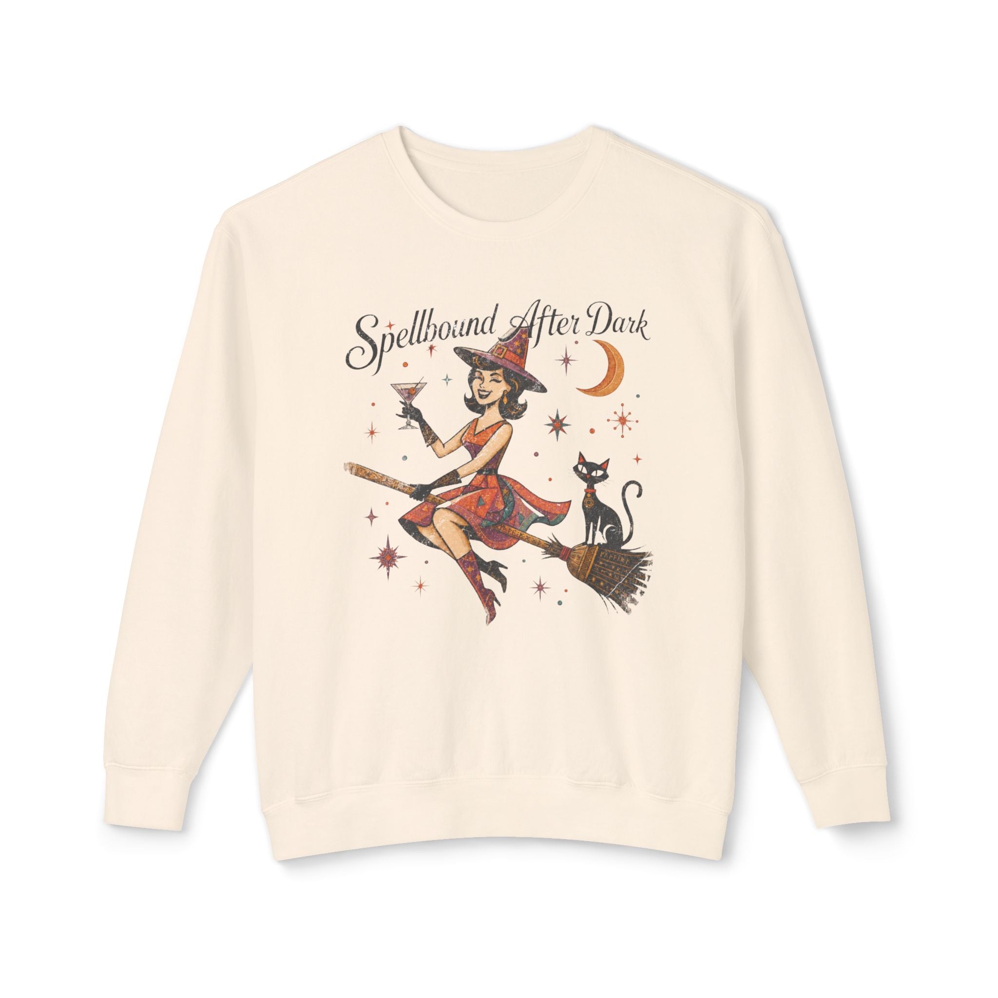 Spellbound After Dark Witch on Broom Sweatshirt | Halloween Cat Moon