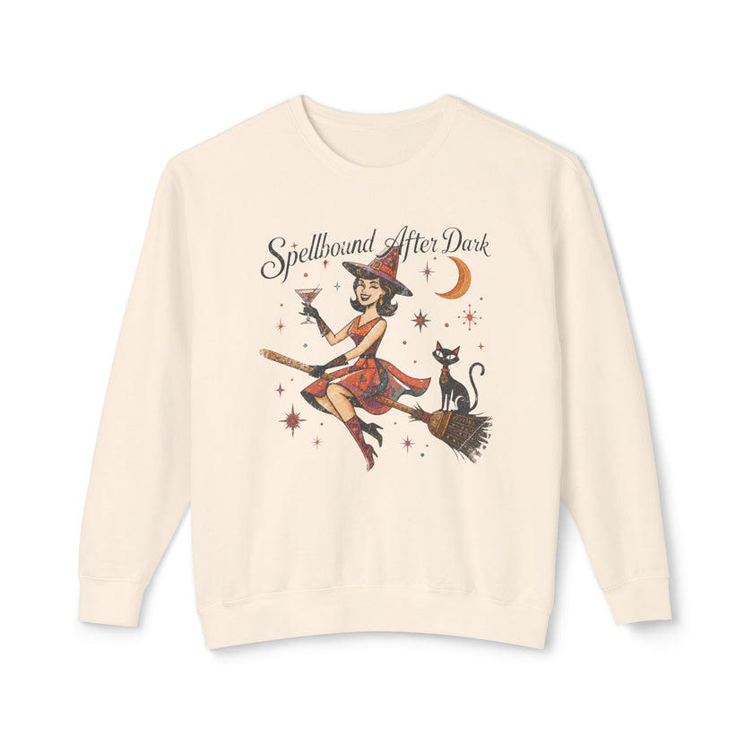 Spellbound After Dark Witch on Broom Sweatshirt | Halloween Cat Moon