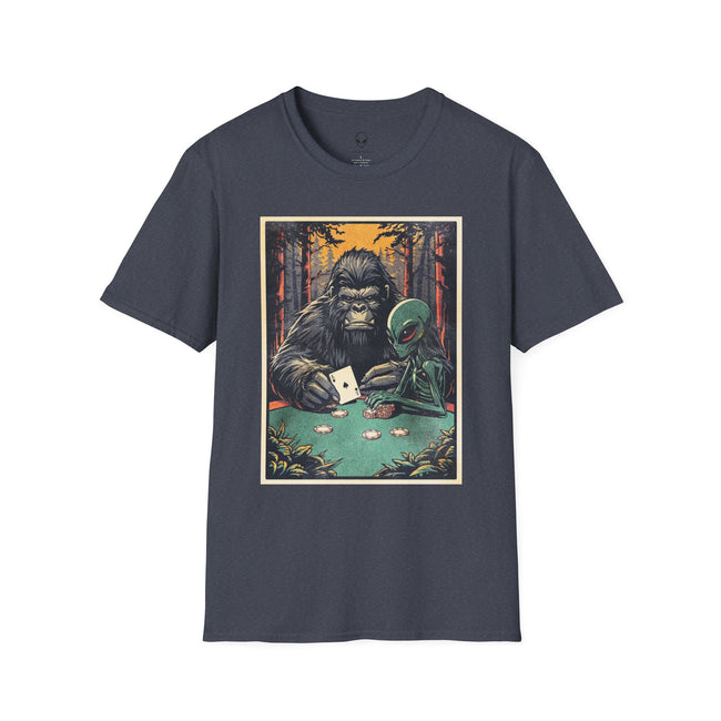 Bigfoot & Alien Playing Poker T-Shirt — Funny Cryptid Woods Tee