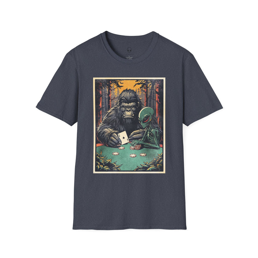 Bigfoot & Alien Playing Poker T-Shirt — Funny Cryptid Woods Tee
