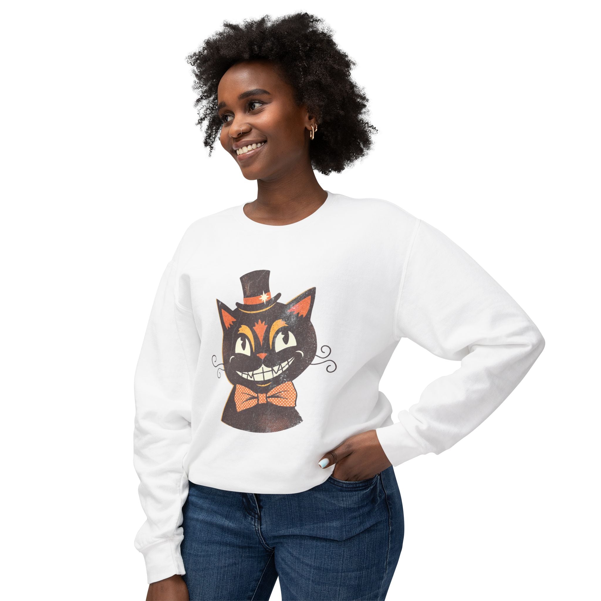 Vintage Smiling Black Cat Crewneck Sweatshirt | Halloween Top