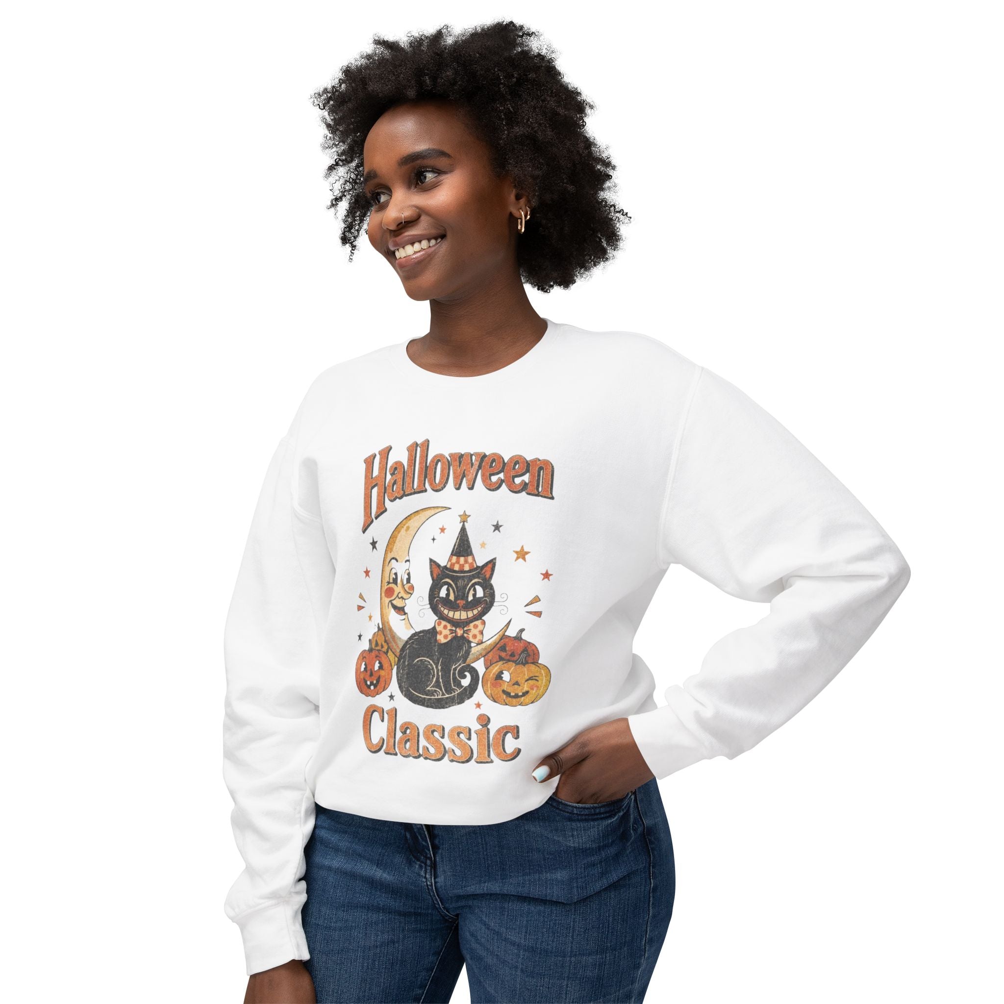 Vintage Halloween Cat Crewneck Sweatshirt | Retro Moon, Pumpkins, Witch Hat