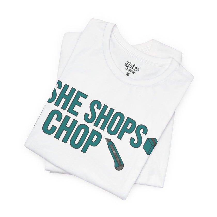 She Shops I Chop Couples T‑Shirt — Funny Husband Wife Gift