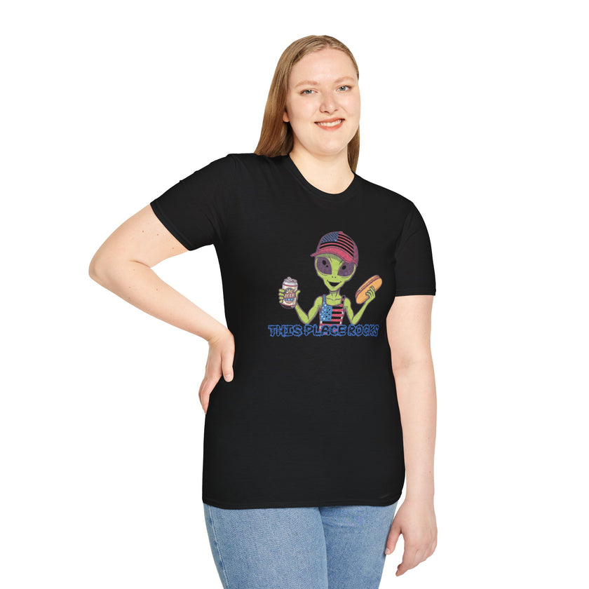 American Alien with Hot Dog and Beer T-Shirt | USA Flag Cap Fourth of July