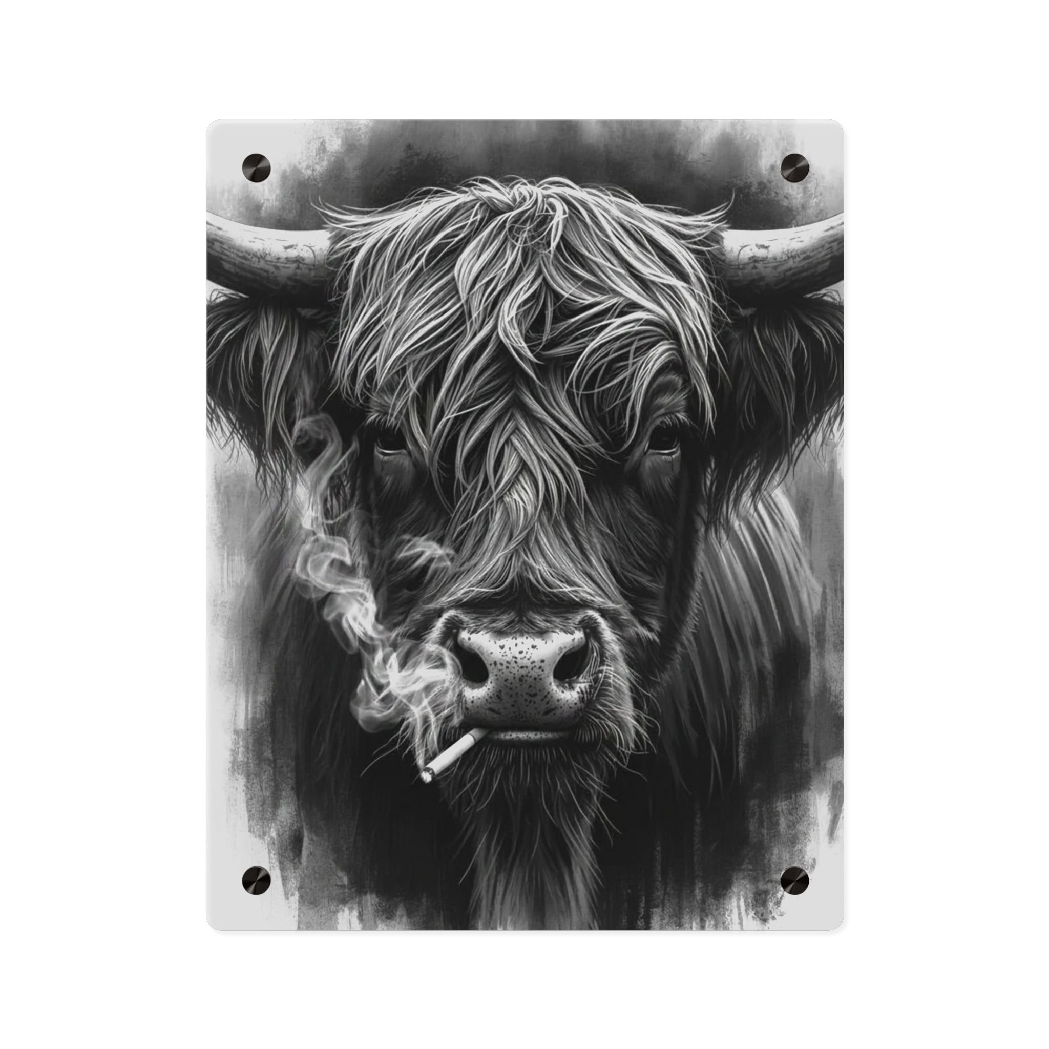 Smoking Highland Cow Acrylic Wall Art Panel | Black White Highland Bull Print