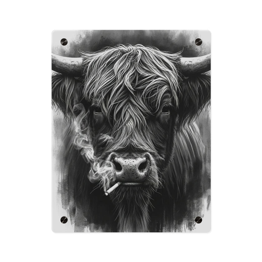 Smoking Highland Cow Acrylic Wall Art Panel | Black White Highland Bull Print