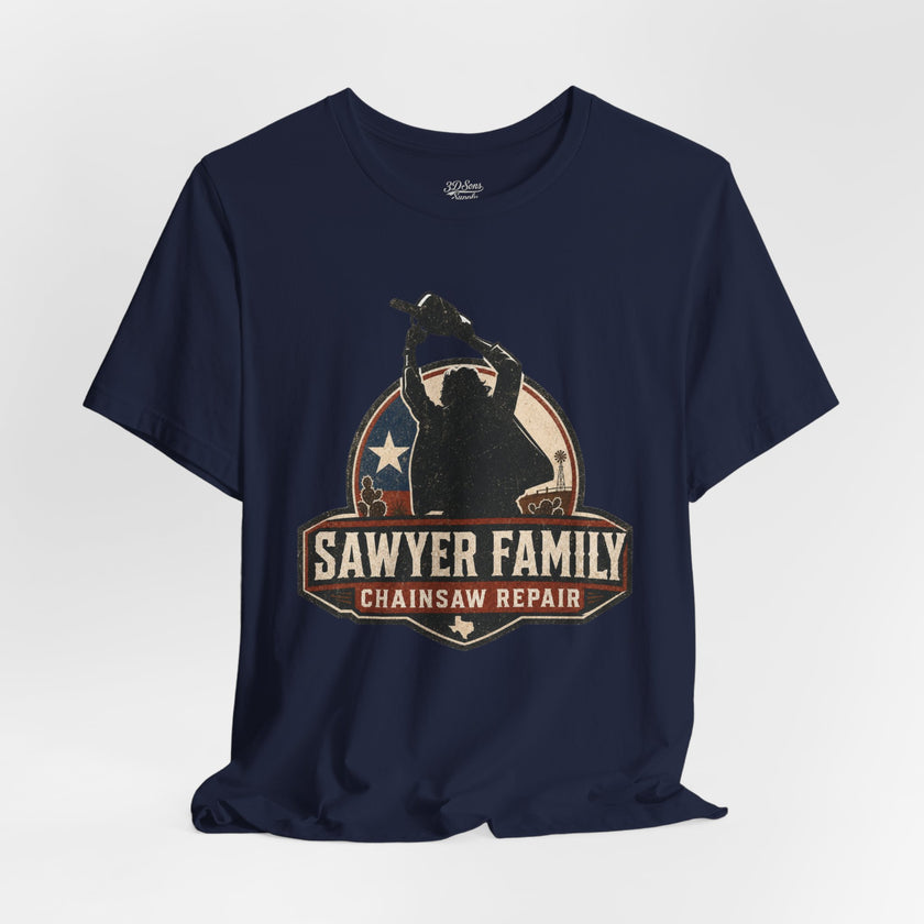 Sawyer Family Chainsaw Repair Graphic Tee — Vintage Horror Movie Logo T-Shirt