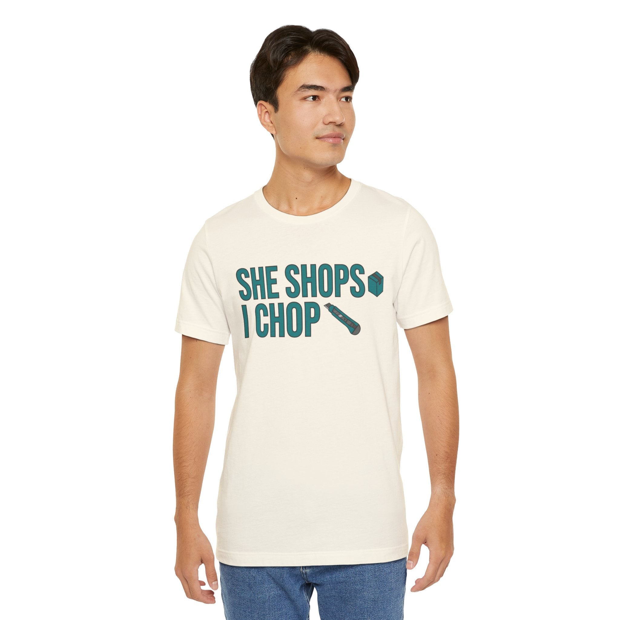 She Shops I Chop Couples T‑Shirt — Funny Husband Wife Gift