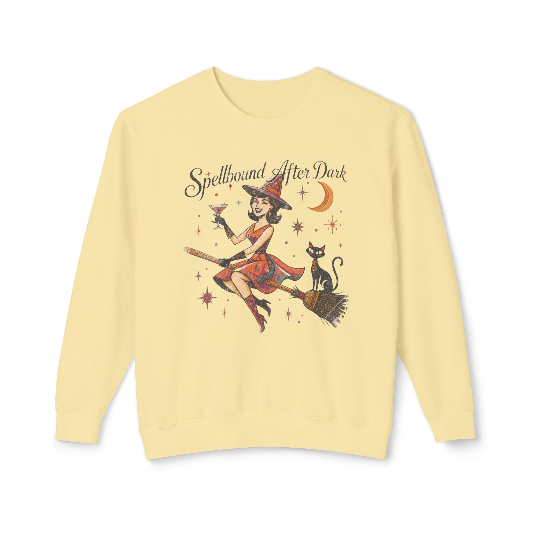 Spellbound After Dark Witch on Broom Sweatshirt | Halloween Cat Moon