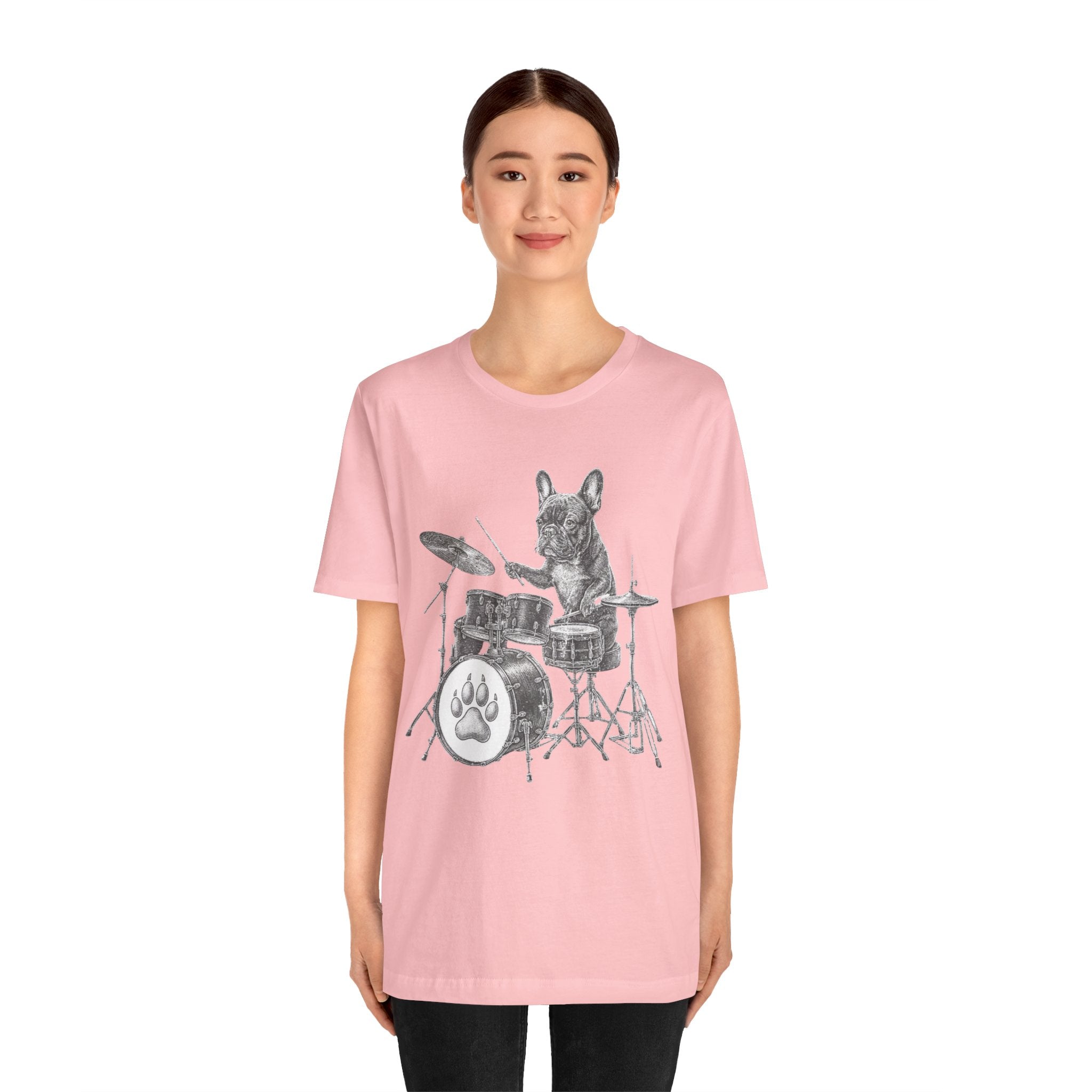 Drumming French Bulldog T-Shirt — Cute Dog Playing Drum Graphic Tee