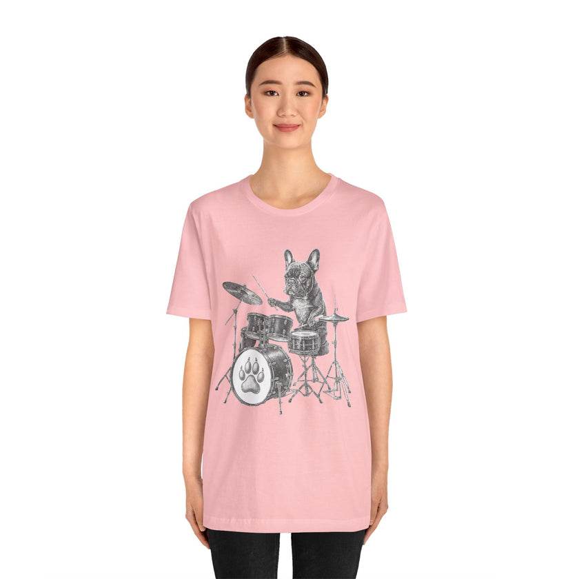 Drumming French Bulldog T-Shirt — Cute Dog Playing Drum Graphic Tee