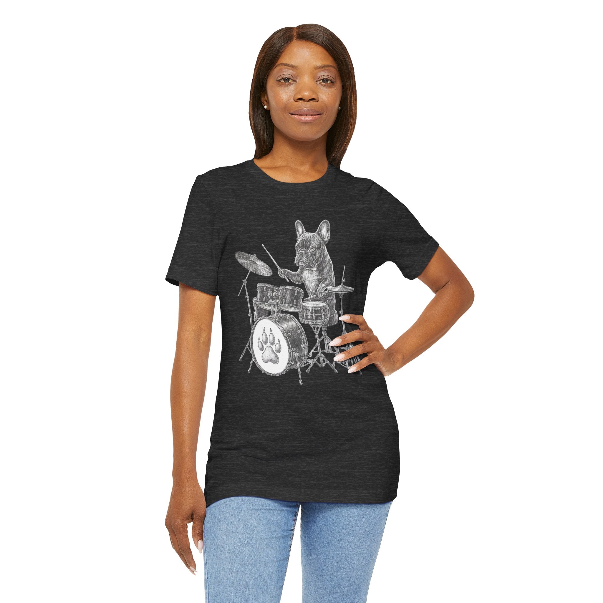 Drumming French Bulldog T-Shirt — Cute Dog Playing Drum Graphic Tee
