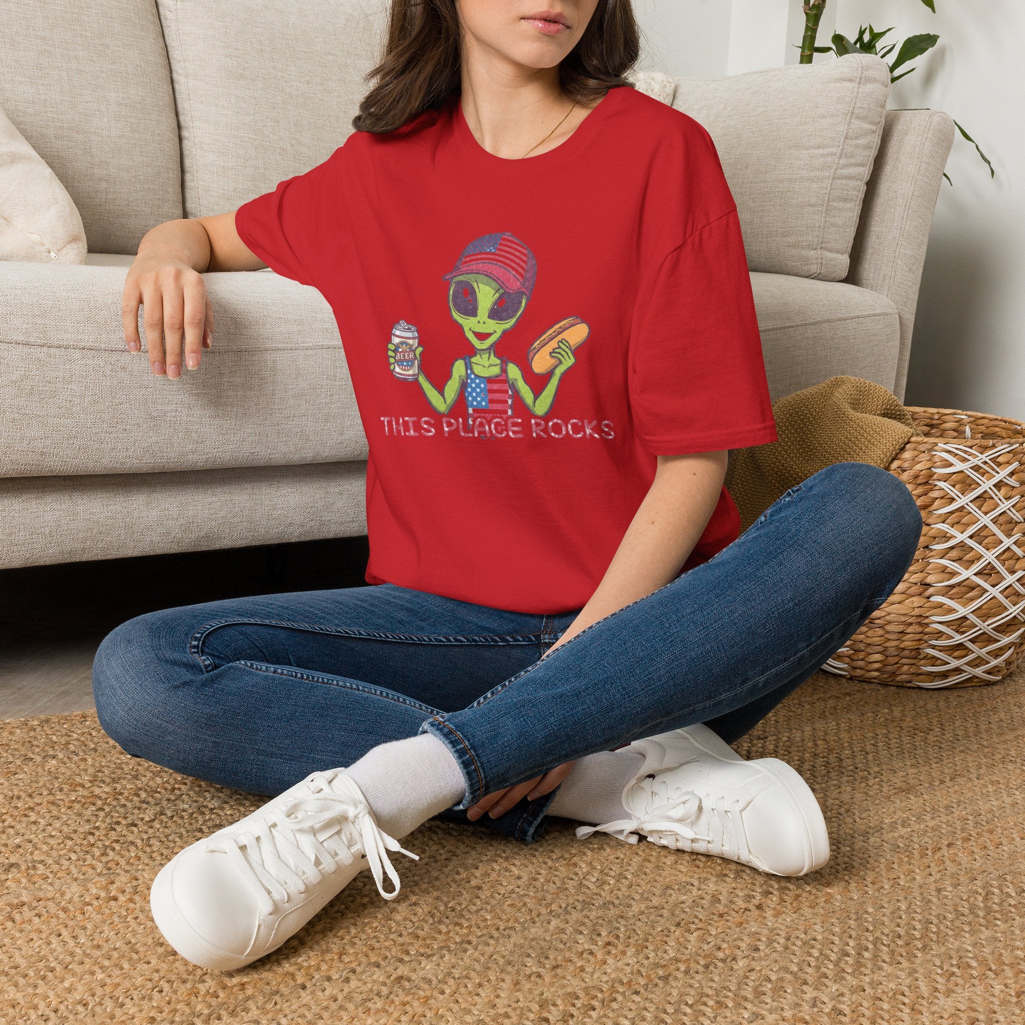 American Alien with Hot Dog and Beer T-Shirt | USA Flag Cap Fourth of July