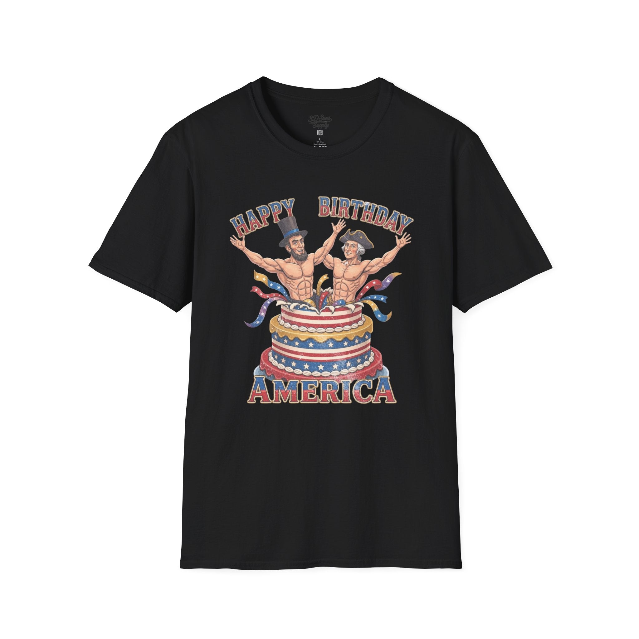 Buff Abraham Lincoln and George Washington Jumping Out of Birthday Cake T-Shirt | 4th of July Patriotic