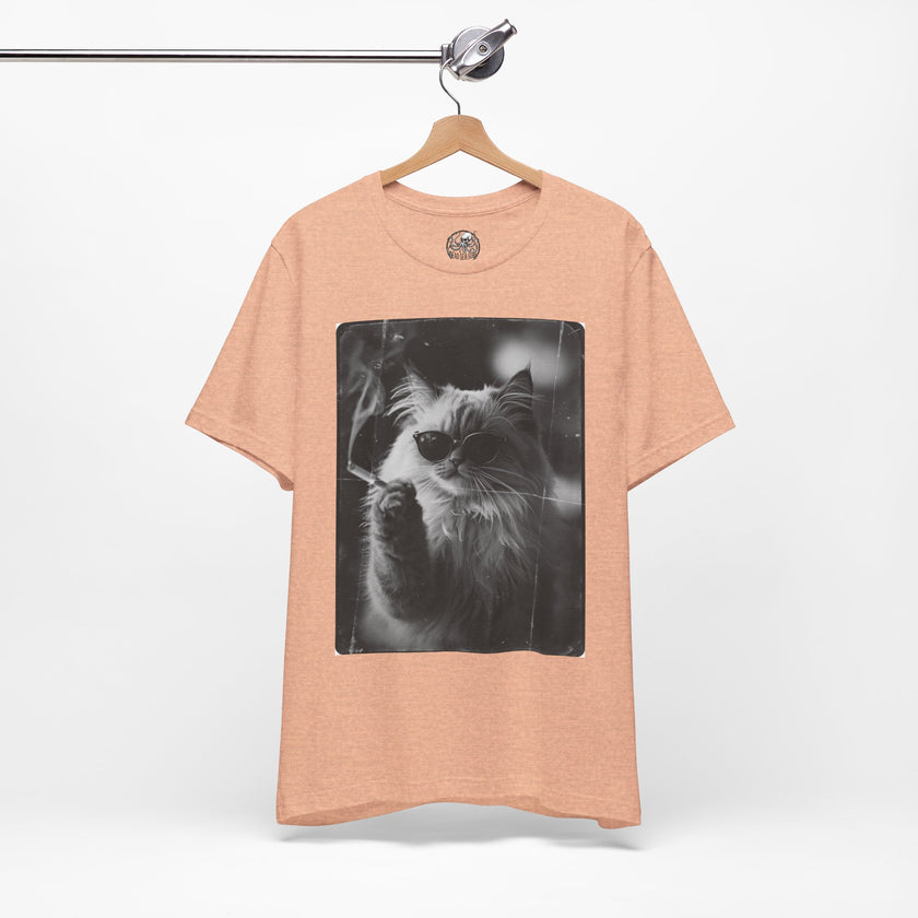 Smoking Cool Cat Portrait T-Shirt | Black & White Photo Cat Tee