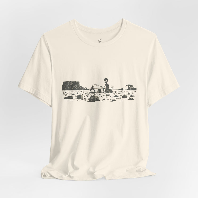 Alien Spaceship Campfire Illustration, Minimalist Landscape