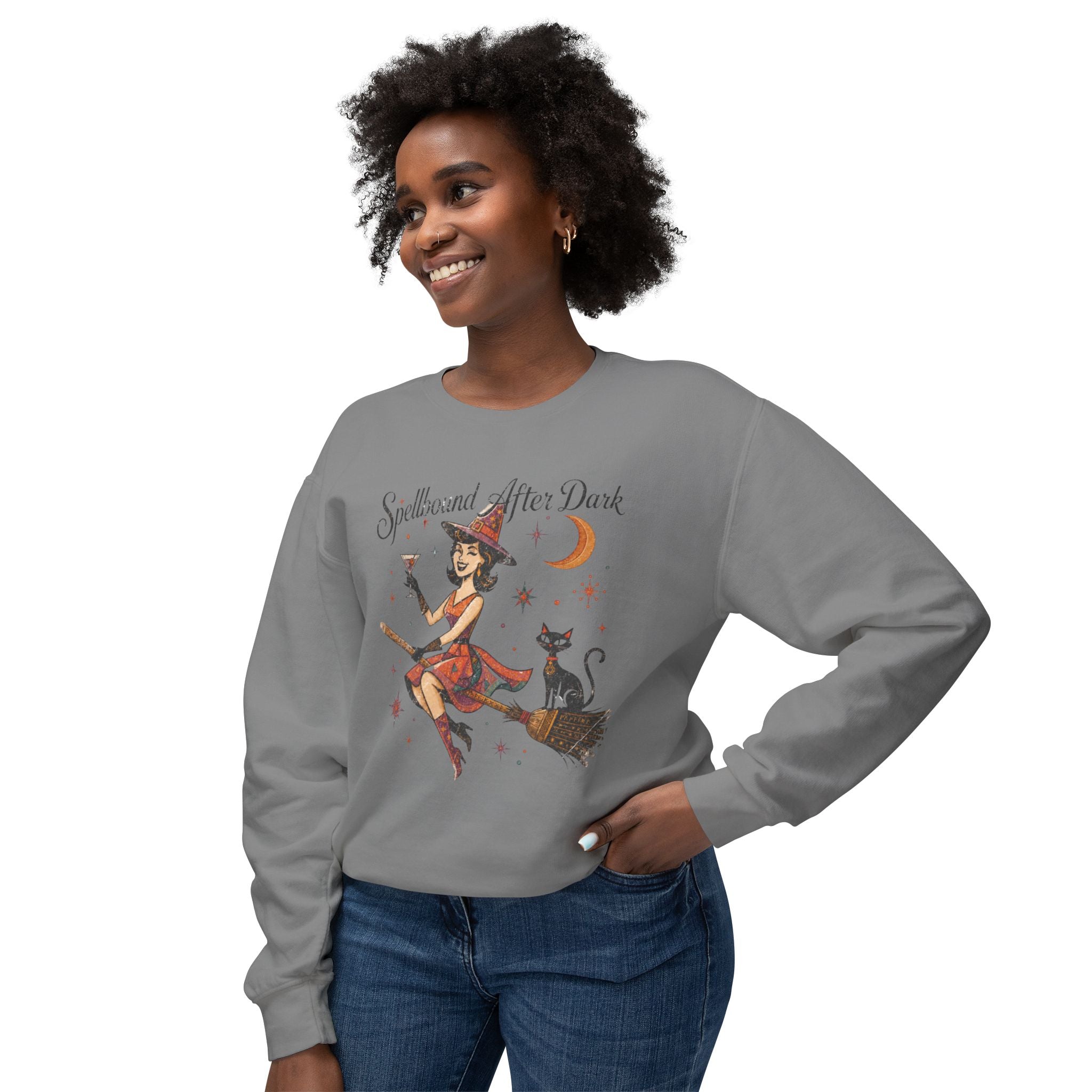 Spellbound After Dark Witch on Broom Sweatshirt | Halloween Cat Moon
