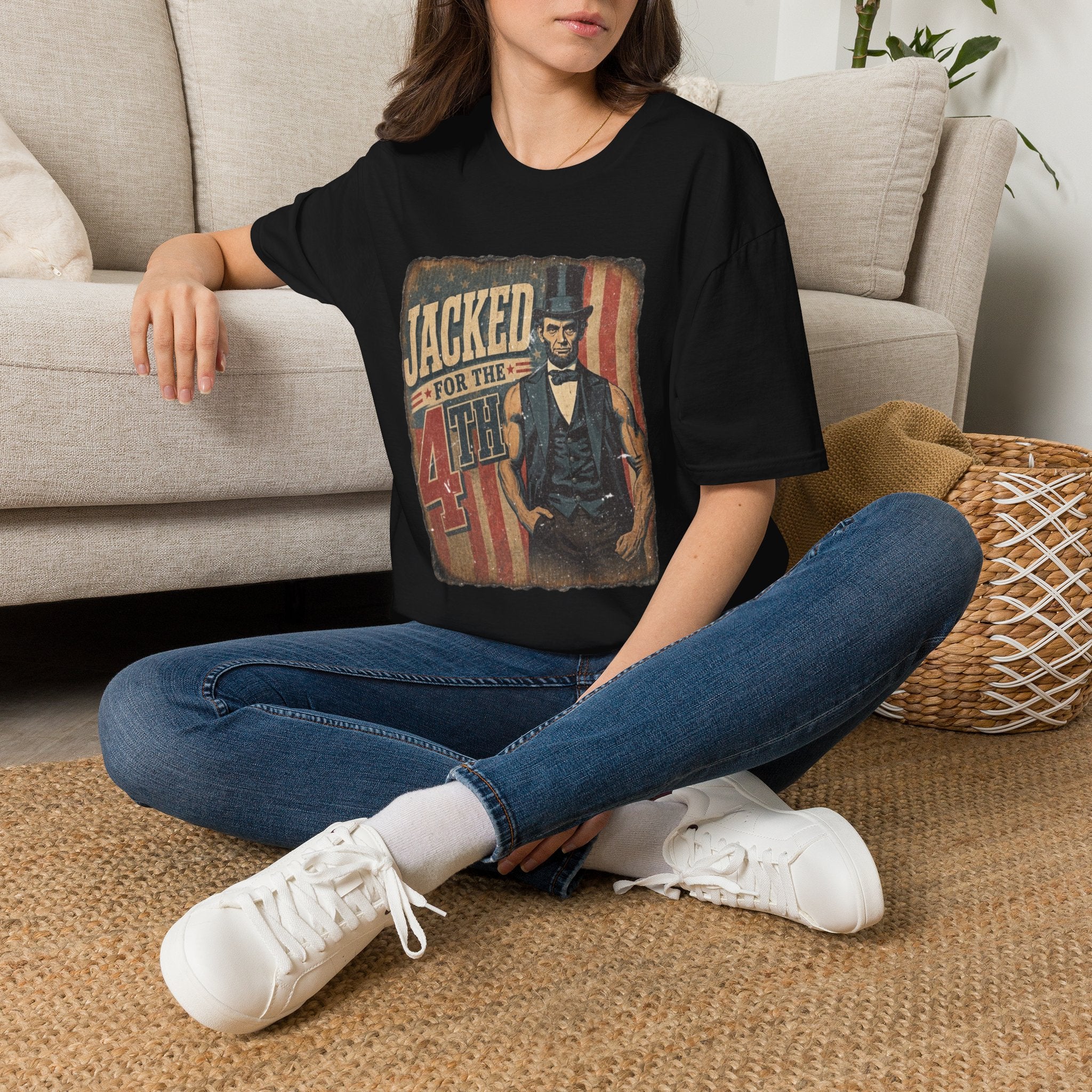 Jacked for July 4th T-Shirt | Patriotic Buff Abraham Lincoln Flag Design