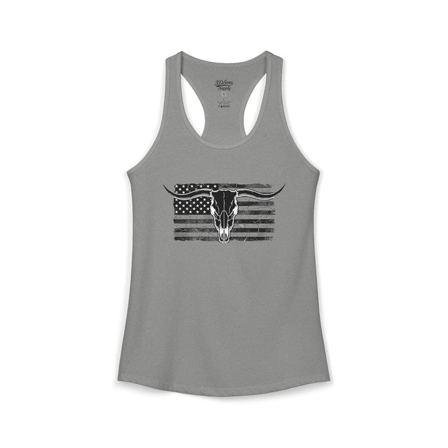 American Flag Longhorn Skull Women's Racerback Tank