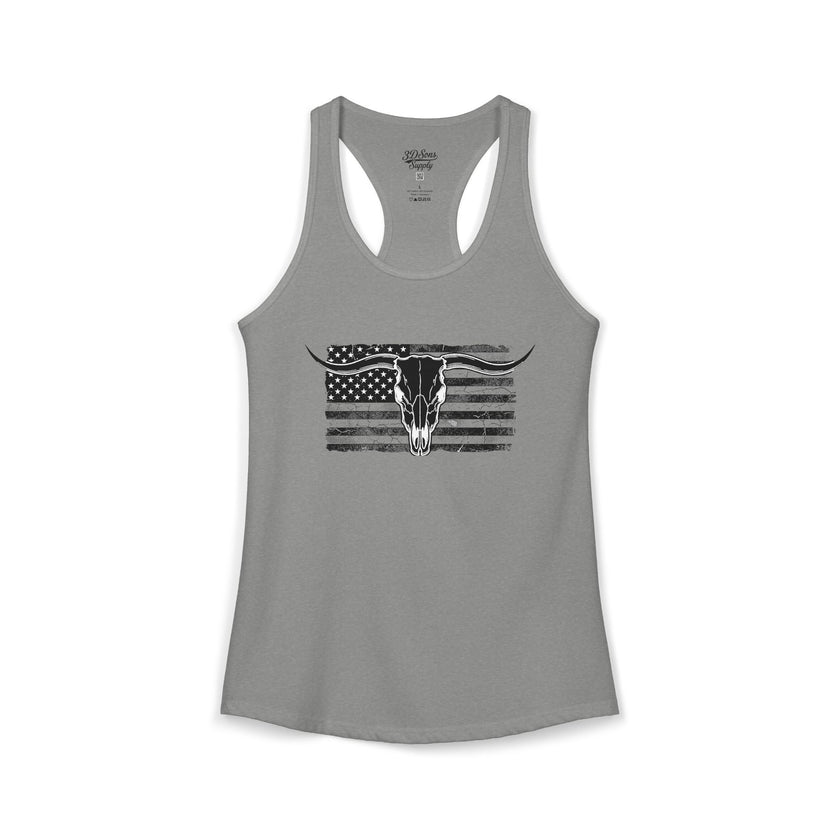American Flag Longhorn Skull Women's Racerback Tank