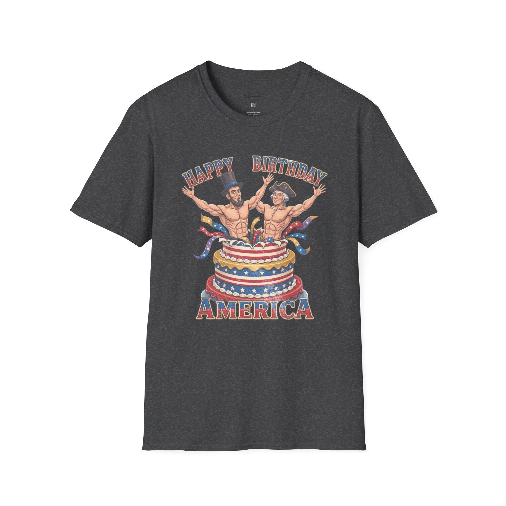 Buff Abraham Lincoln and George Washington Jumping Out of Birthday Cake T-Shirt | 4th of July Patriotic