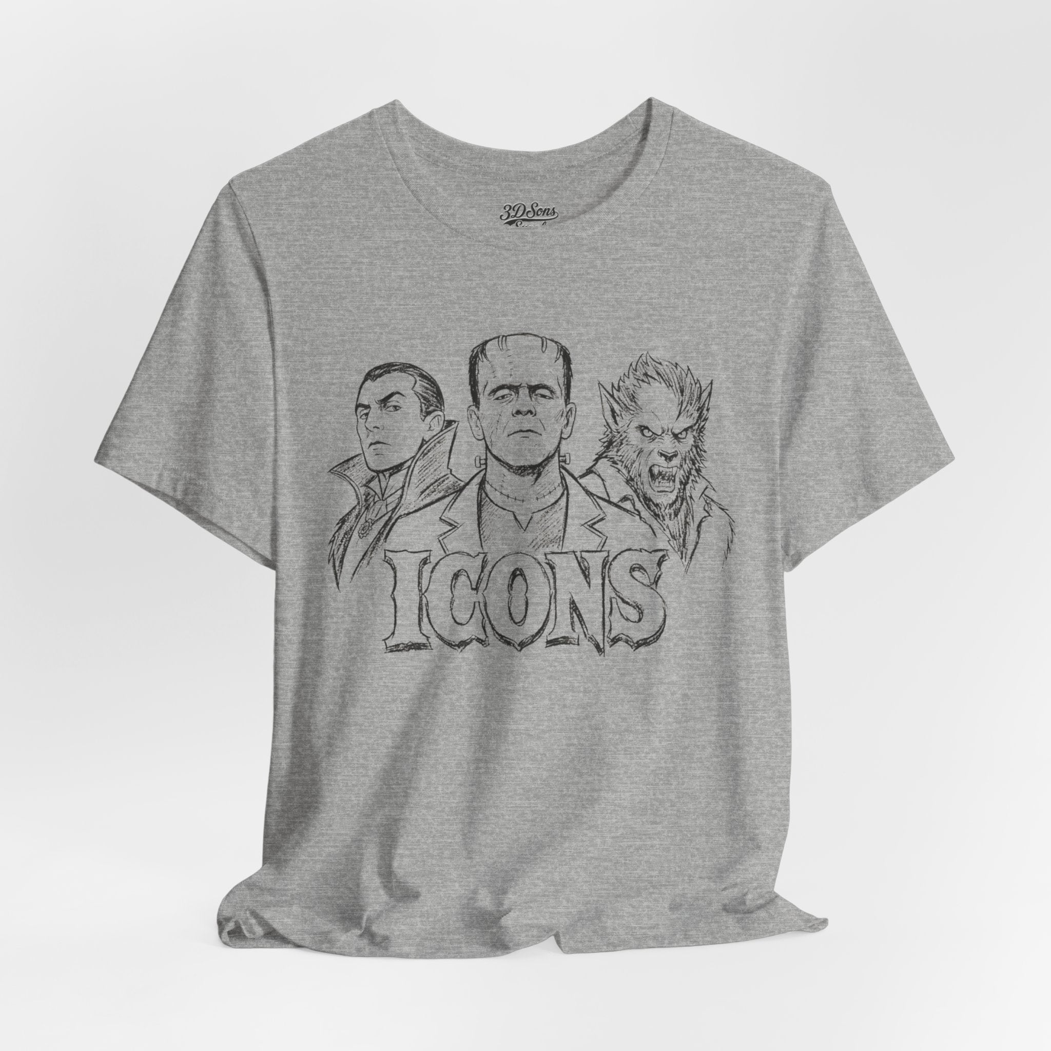 Icons Classic Monsters Tee — Dracula, Frankenstein & Werewolf Graphic T-Shirt