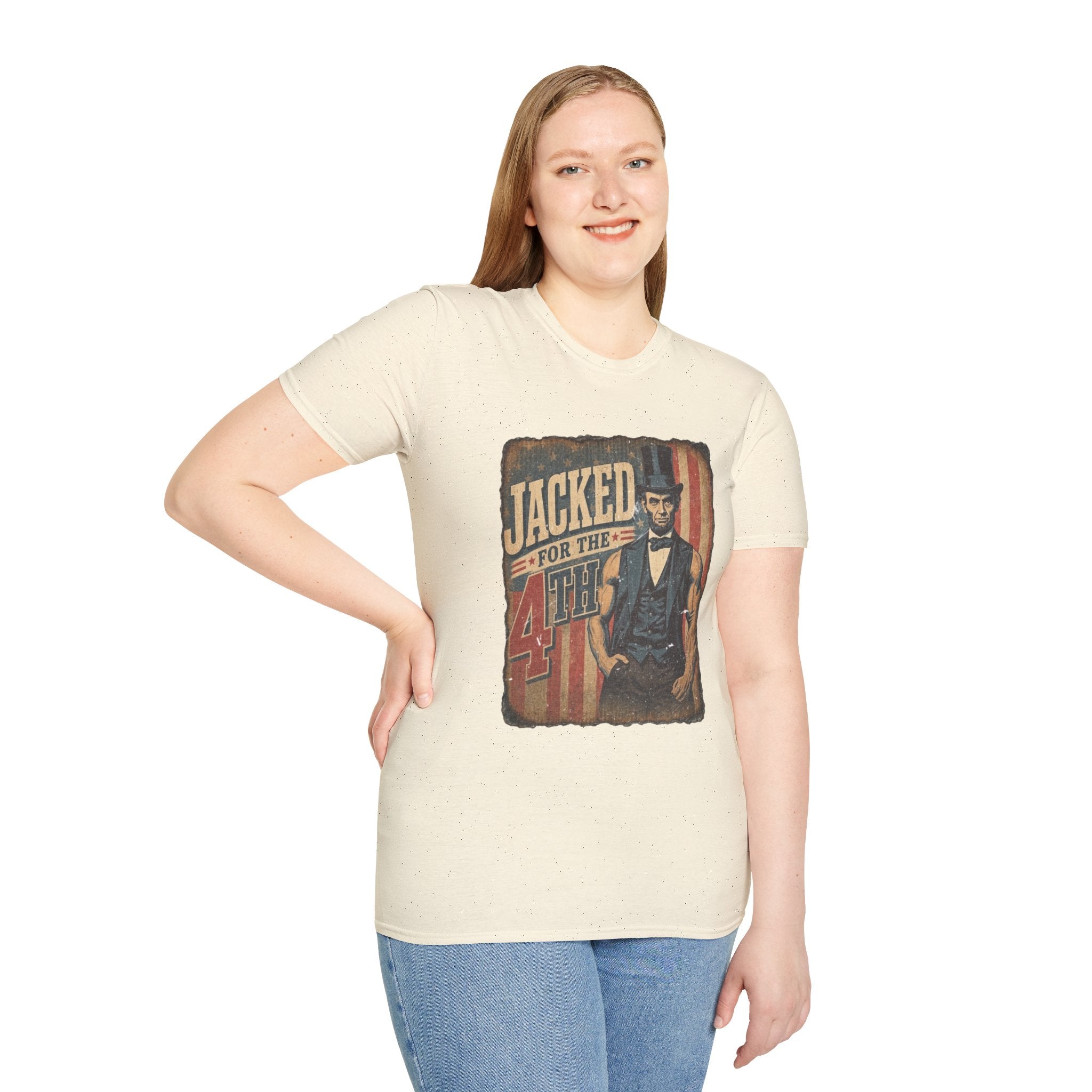 Jacked for July 4th T-Shirt | Patriotic Buff Abraham Lincoln Flag Design
