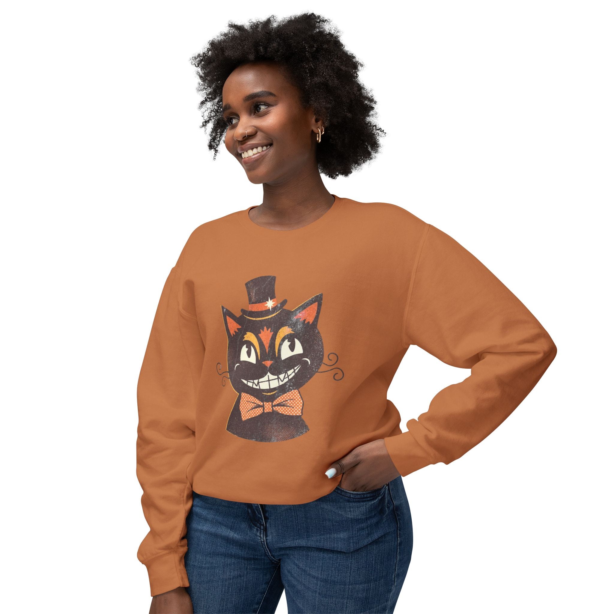 Vintage Smiling Black Cat Crewneck Sweatshirt | Halloween Top
