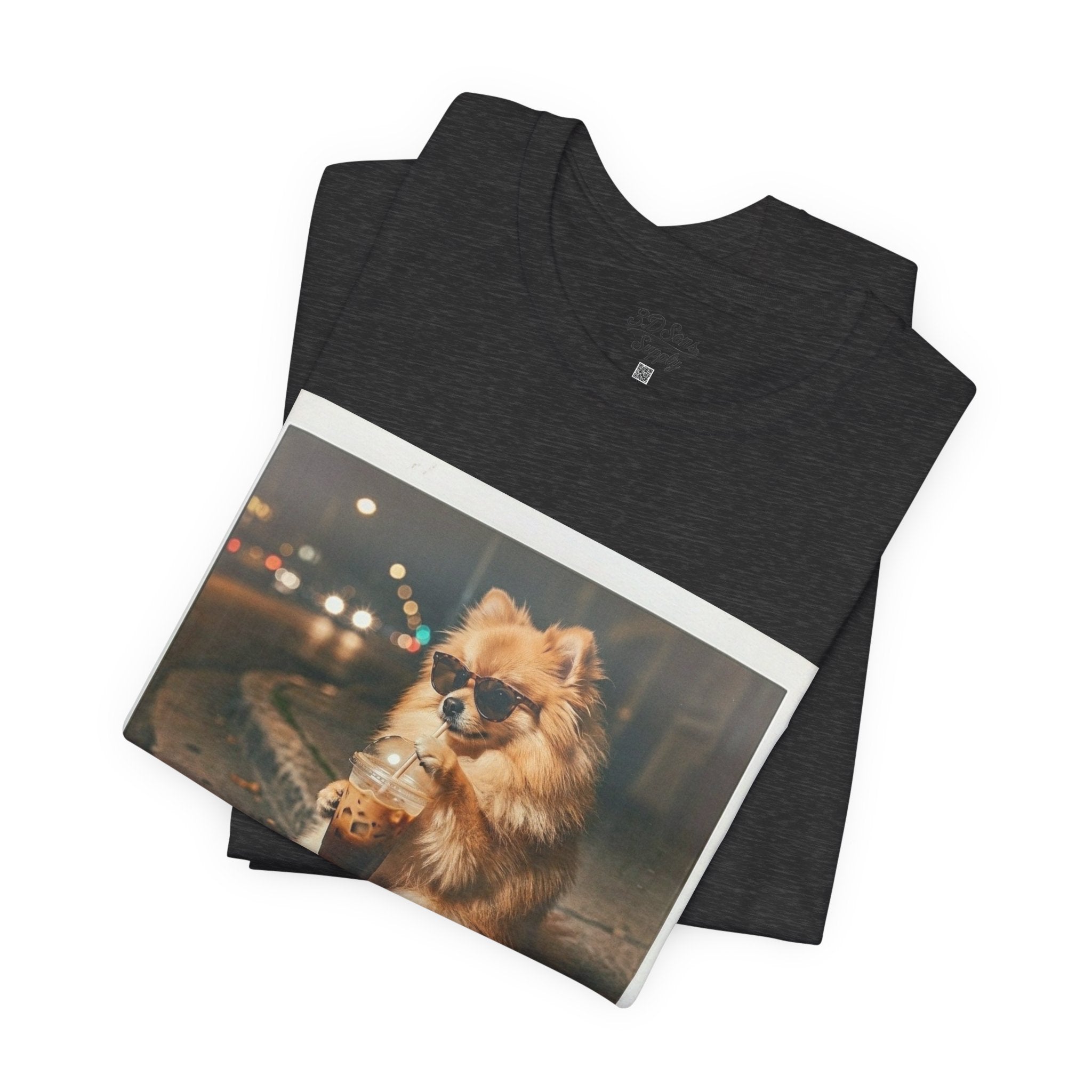 Iced Coffee Night Dog Tee — Late-Night Curb Pomeranian Graphic T-Shirt