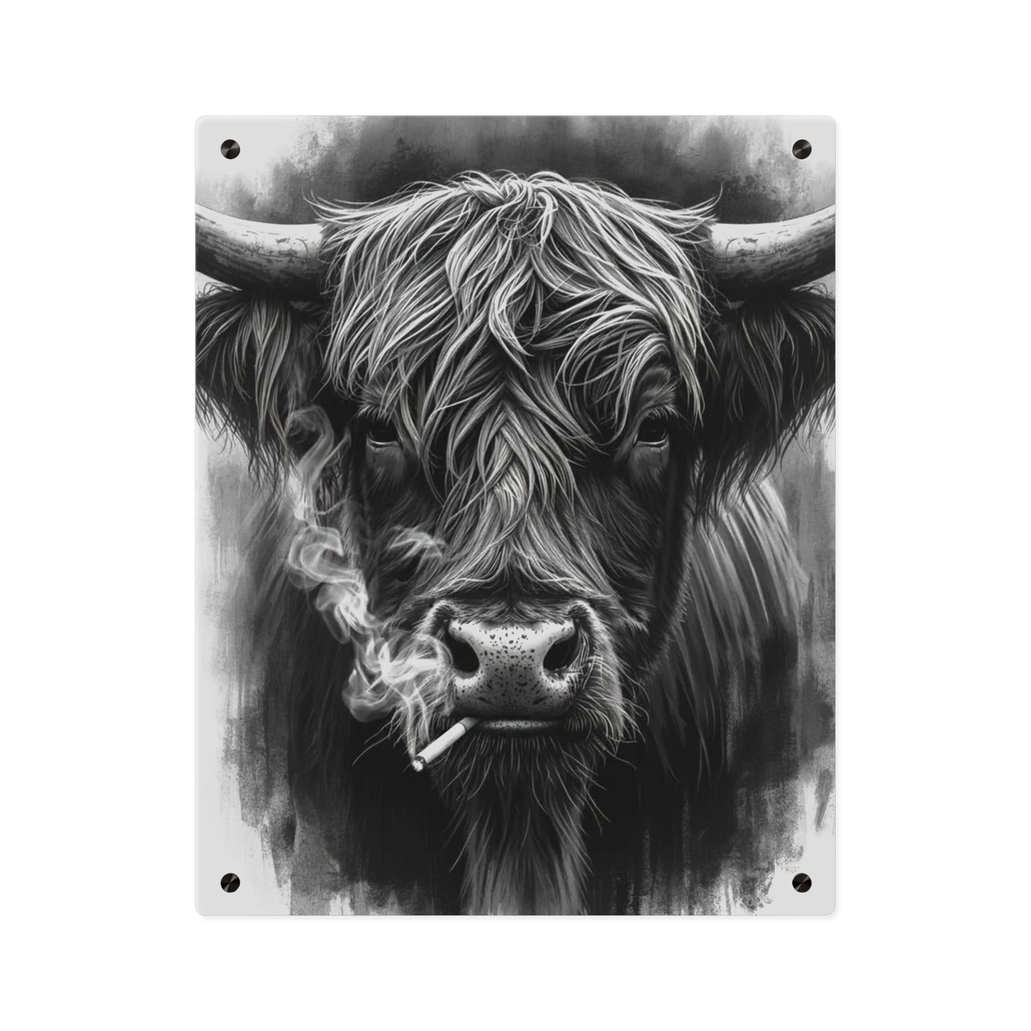 Smoking Highland Cow Acrylic Wall Art Panel | Black White Highland Bull Print
