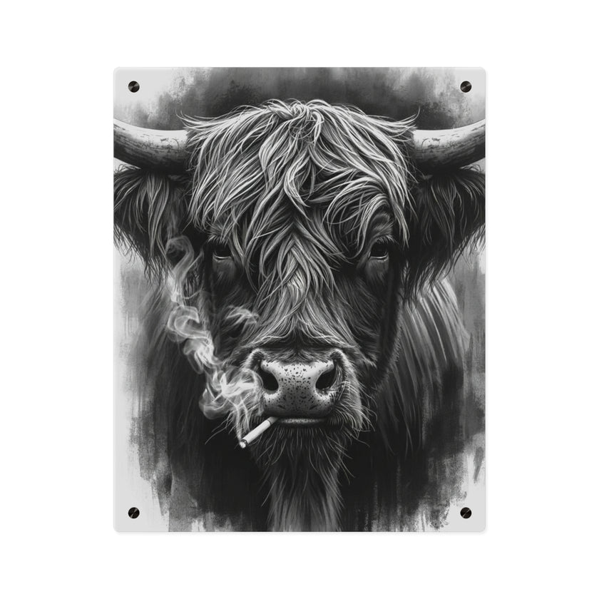Smoking Highland Cow Acrylic Wall Art Panel | Black White Highland Bull Print