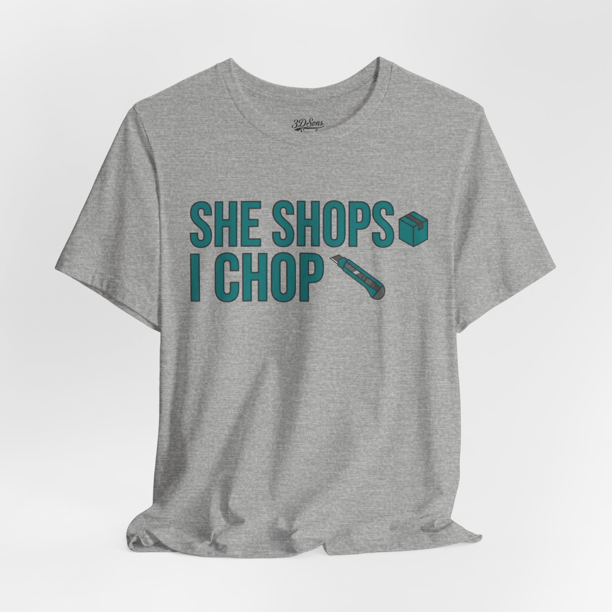 She Shops I Chop Couples T‑Shirt — Funny Husband Wife Gift