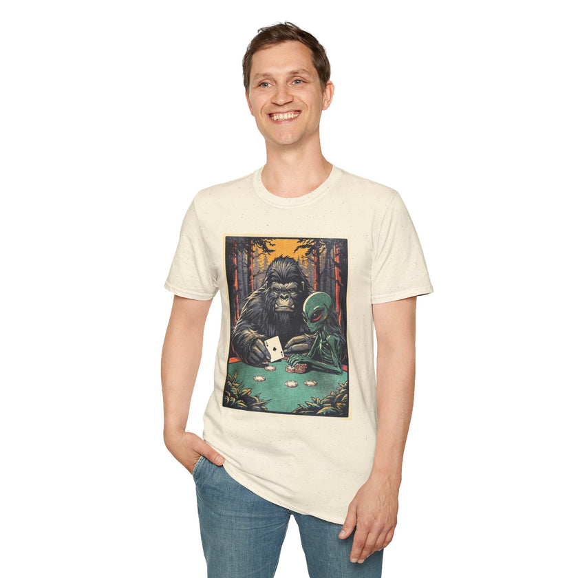 Bigfoot & Alien Playing Poker T-Shirt — Funny Cryptid Woods Tee